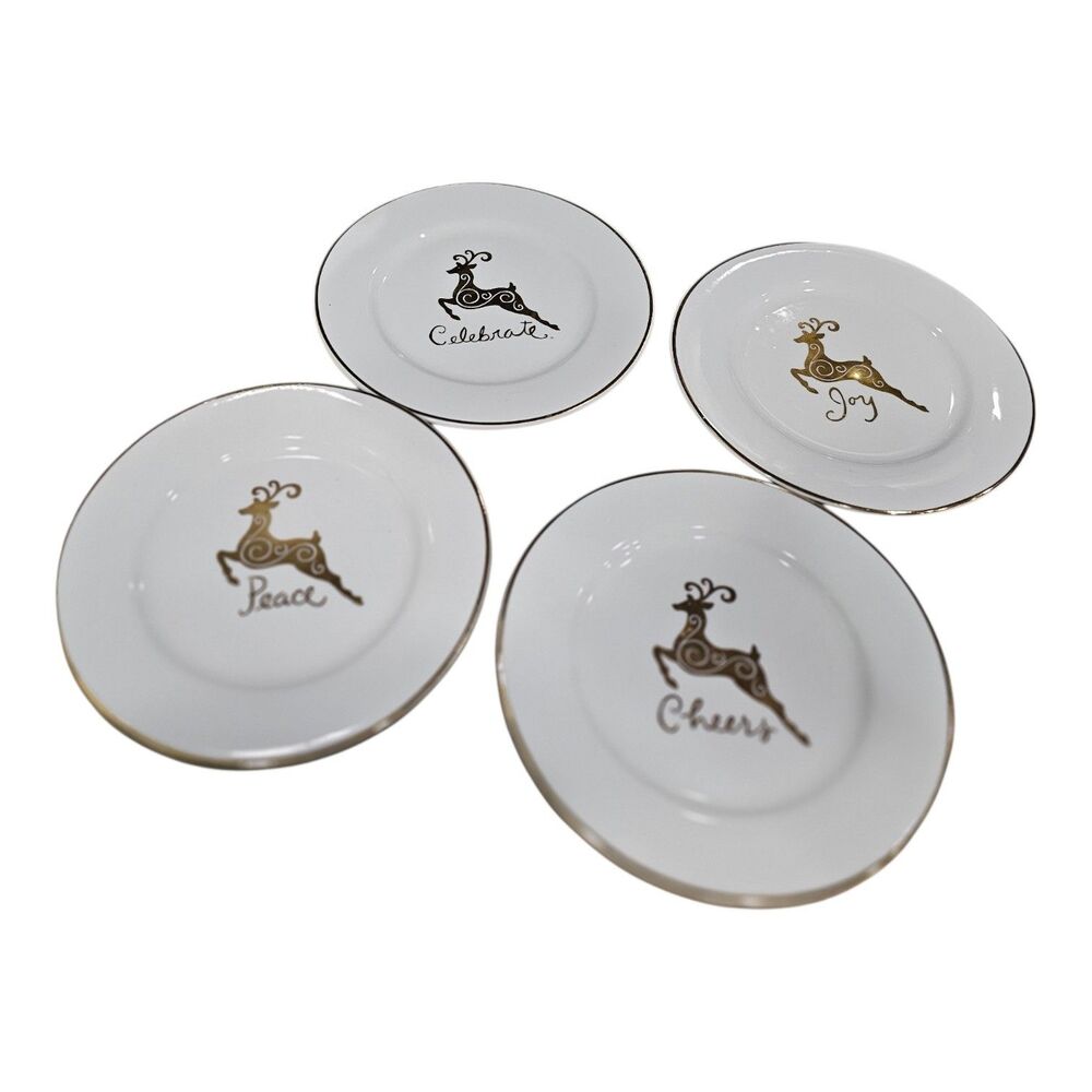 Vintage Gibson Celebration Dessert Plates  (4) Gold Reindeer Gold Band with Box